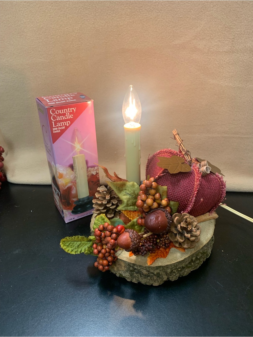 Country Candle Lamp with Autumn Pumpkin and Berry Accent -  Candle. Inv 555